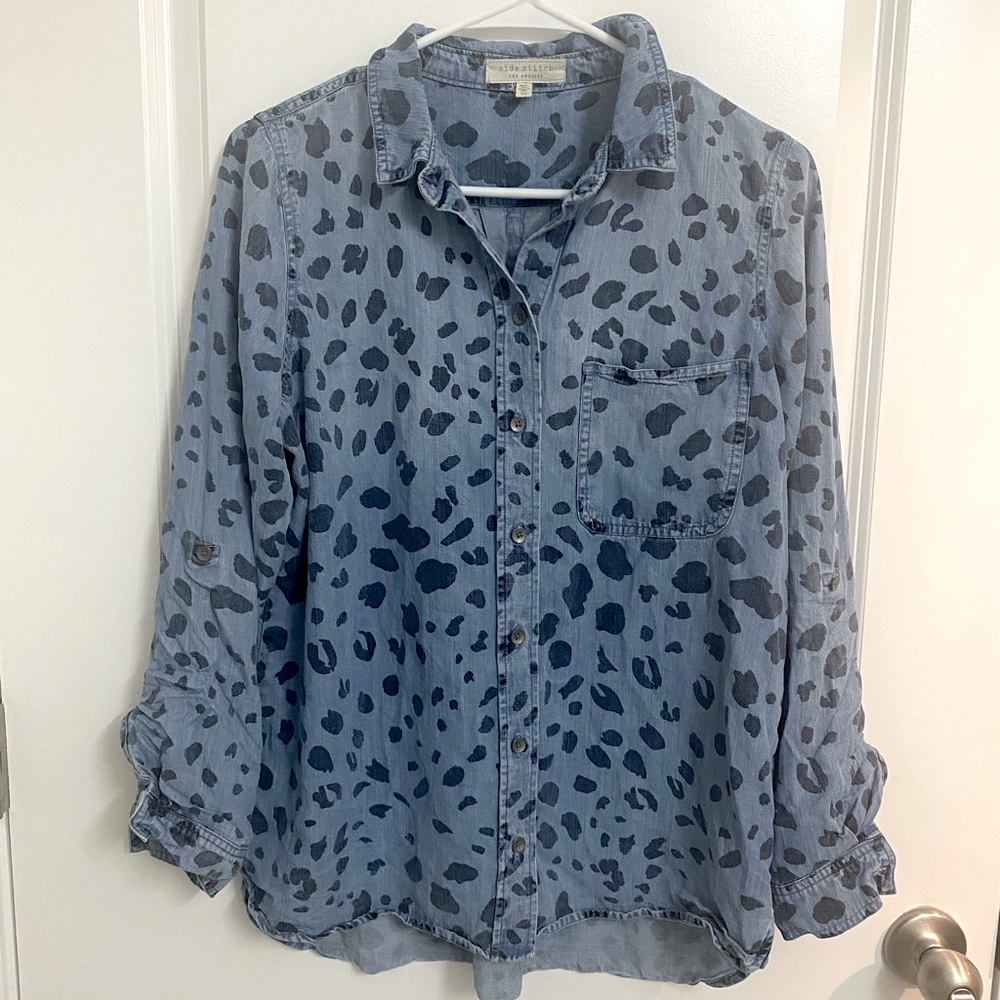 SIDE STICH Leopard Denim Button Down Shirt Size XS